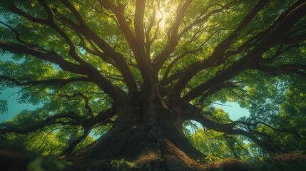 枝を広げる大樹と、葉のあいだから差す光